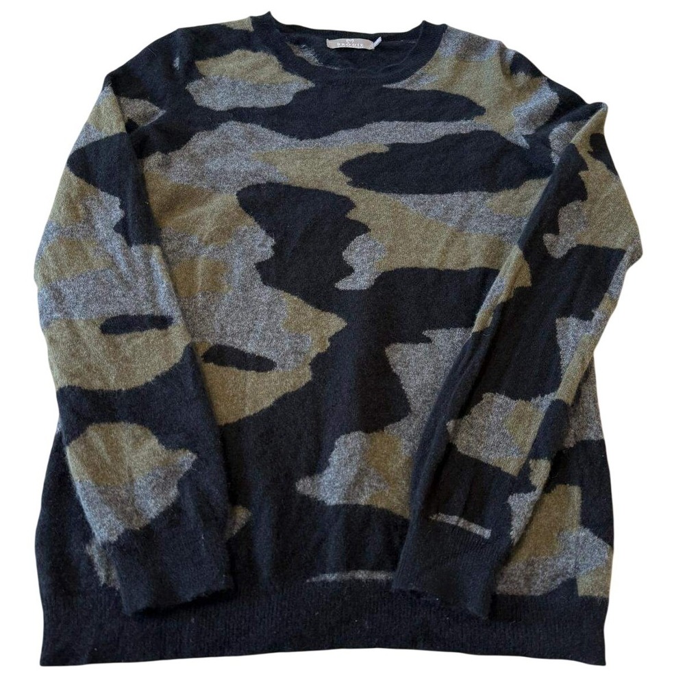 Brodie Fine Cashmere Womens Camo Crewneck Sweater Black Green‎ Grey Size Small